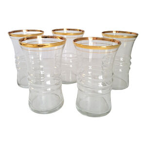 Vintage Anchor Hocking Drinking Glass Mid Century Ring Design Gold Band Set of 5